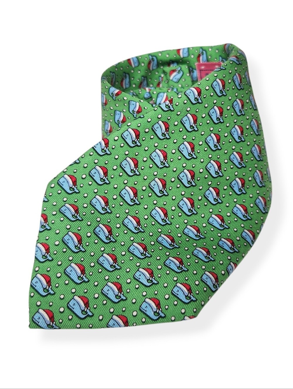 Vineyard Vines Green 100% Silk Christmas Tie Santa Hat on Whale Holiday Attire
